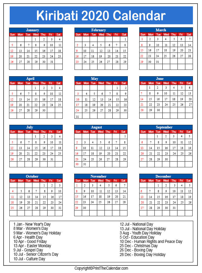 Kiribati Printable Calendar 2020